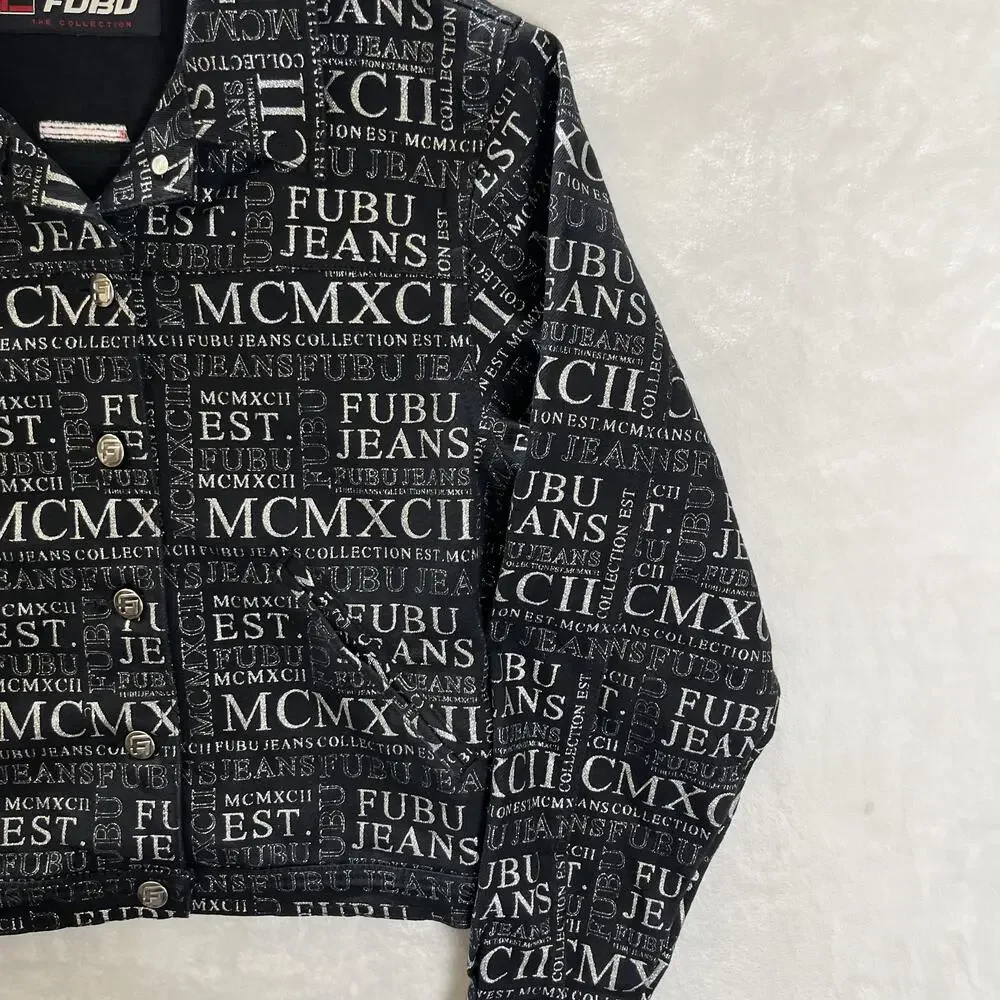Vintage FUBU Jacket Kids Large Black Denim Bomber All Over Print Hip Hop Y2K